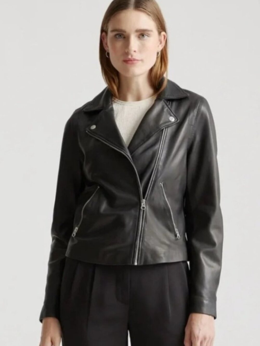 Quince "Washed" Black Leather Biker Jacket, L, Excellent Condition!